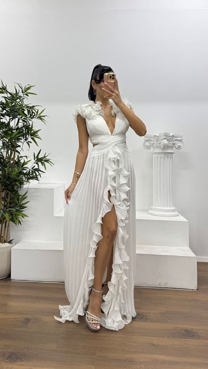White Pleated Cross Waist Detail Special Design Evening Dress